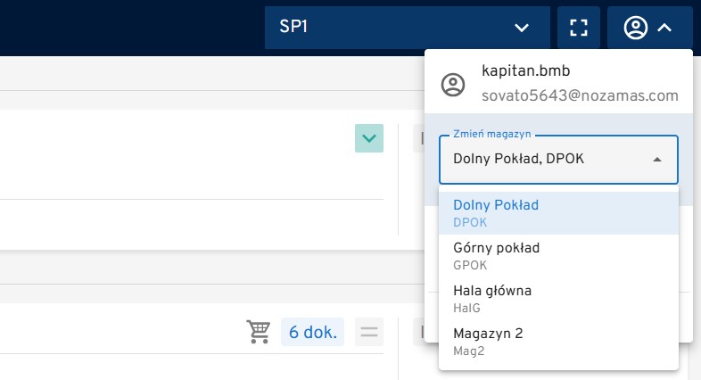 Lista wyboru magazynów w stanowisku pakowania