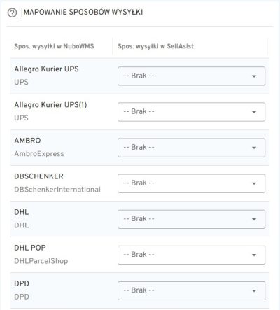 mapowanie sposobów wysyłki